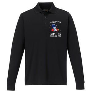 Houston I Am The Problem Funny Astronaut Rocket Space Performance Long Sleeve Polo