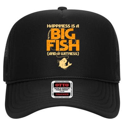 Happiness Is A Big Fish Witness Funny Fishing High Crown Mesh Back Trucker Hat