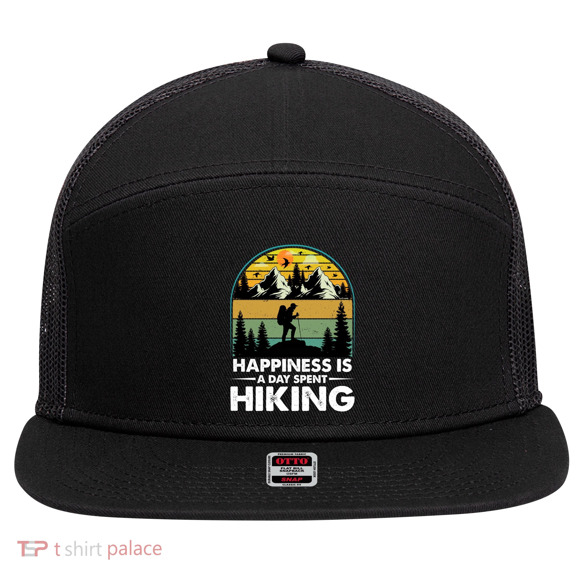 Happiness Is A Day Spent Hiking Scenic Views Gift 7 Panel Mesh Trucker Snapback Hat