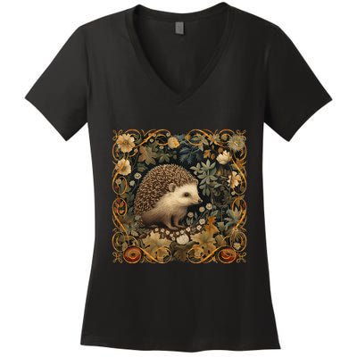 Hedgehog In A Forest William Morris Style Women's V-Neck T-Shirt