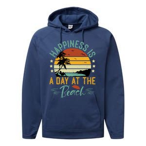 Happiness Is A Day At The Beach Funny Retro Sunset Summer Vibes Performance Fleece Hoodie