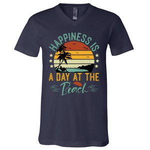 Happiness Is A Day At The Beach Funny Retro Sunset Summer Vibes V-Neck T-Shirt