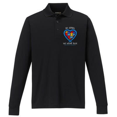 Heart In April We Wear Blue Autism Awareness Month Puzzle Gift Performance Long Sleeve Polo