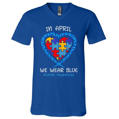 Heart In April We Wear Blue Autism Awareness Month Puzzle Gift V-Neck T-Shirt