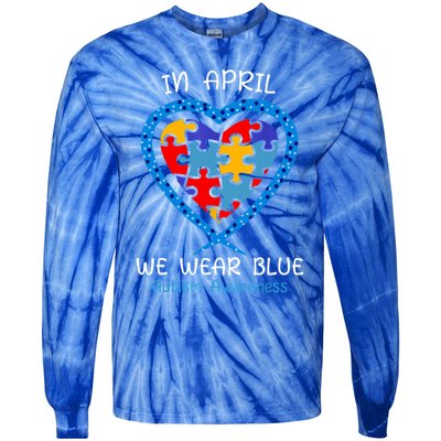 Heart In April We Wear Blue Autism Awareness Month Puzzle Gift Tie-Dye Long Sleeve Shirt