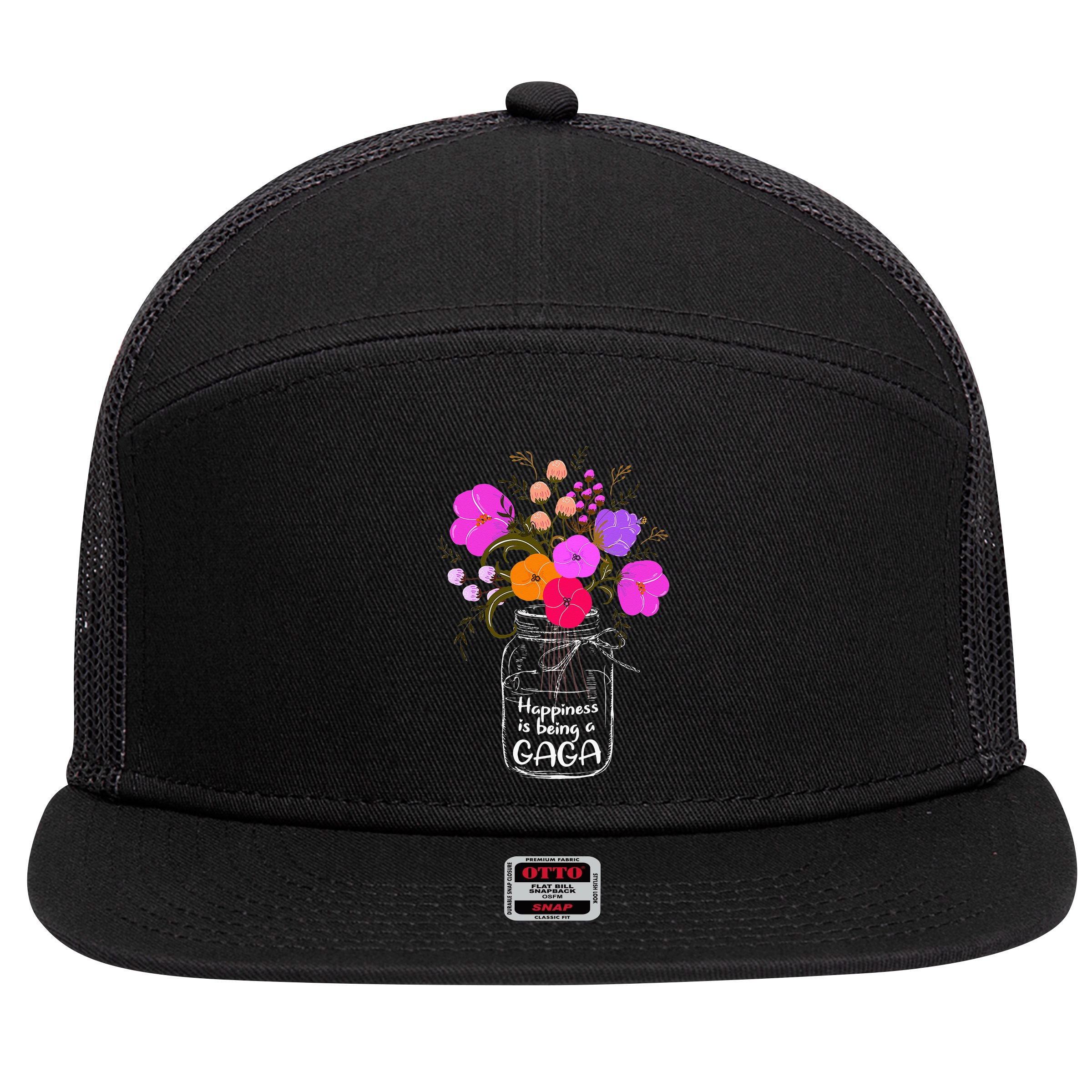 Happiness Is Being A Gaga Gift For Grandma Mom Flower 7 Panel Mesh Trucker Snapback Hat
