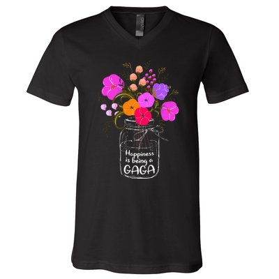 Happiness Is Being A Gaga Gift For Grandma Mom Flower V-Neck T-Shirt