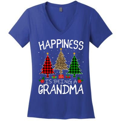 Happiness Is Being A Grandma Christmas Tree Leopard Plaid Funny Gift Women's V-Neck T-Shirt