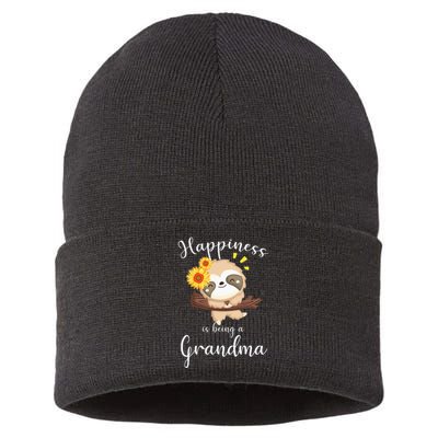 Happiness Is Being A Grandma Cute Sloth Flower Sustainable Knit Beanie