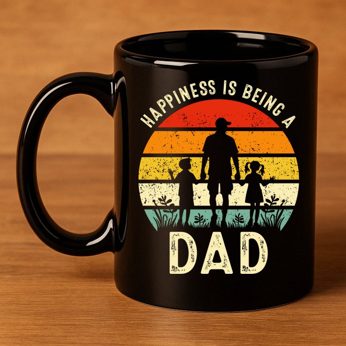 Happiness Is Being A Dad Father's Day Retro Sunset 11oz C Handle Ceramic Mug