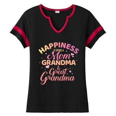 Happiness Is Being A Mom Grandma And Great Grandma Gift Ladies Halftime Notch Neck Tee