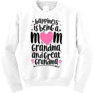 Happiness Is Being A Mom Grandma And Great Grandma Kids Sweatshirt