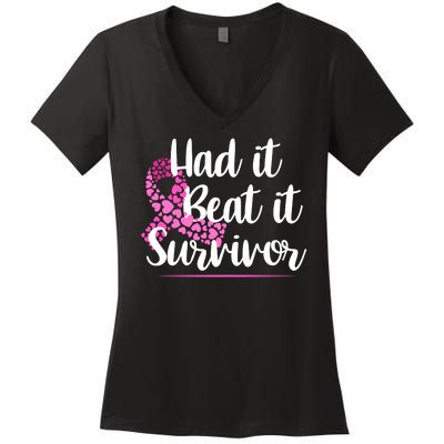 Had It Beat It Survivor Breast Cancer Women's V-Neck T-Shirt