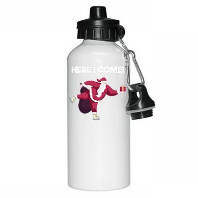 Here I Come Funny Ice Skating Beginner Santa Claus Lover Gift Aluminum Water Bottle 