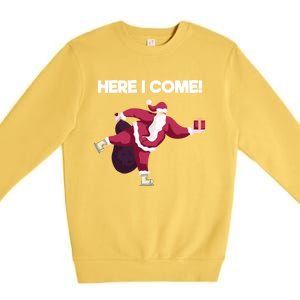 Here I Come Funny Ice Skating Beginner Santa Claus Lover Funny Gift Premium Crewneck Sweatshirt