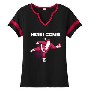 Here I Come Funny Ice Skating Beginner Santa Claus Lover Funny Gift Ladies Halftime Notch Neck Tee