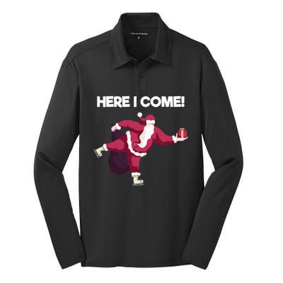 Here I Come Funny Ice Skating Beginner Santa Claus Lover Funny Gift Silk Touch Performance Long Sleeve Polo