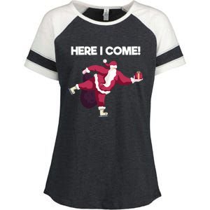 Here I Come Funny Ice Skating Beginner Santa Claus Lover Funny Gift Enza Ladies Jersey Colorblock Tee