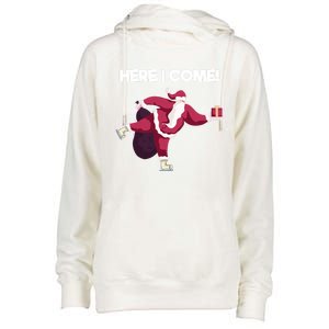 Here I Come Funny Ice Skating Beginner Santa Claus Lover Funny Gift Womens Funnel Neck Pullover Hood