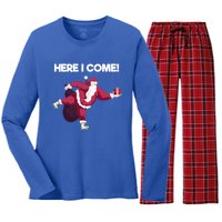 Here I Come Funny Ice Skating Beginner Santa Claus Lover Funny Gift Women's Long Sleeve Flannel Pajama Set 