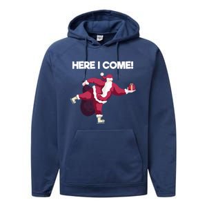 Here I Come Funny Ice Skating Beginner Santa Claus Lover Funny Gift Performance Fleece Hoodie