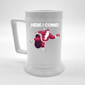 Here I Come Funny Ice Skating Beginner Santa Claus Lover Funny Gift Beer Stein