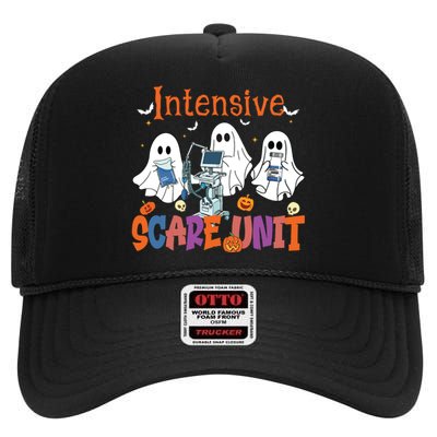 Halloween Intensive Care Scare Unit Ghost Nurse Icu Nursing High Crown Mesh Back Trucker Hat