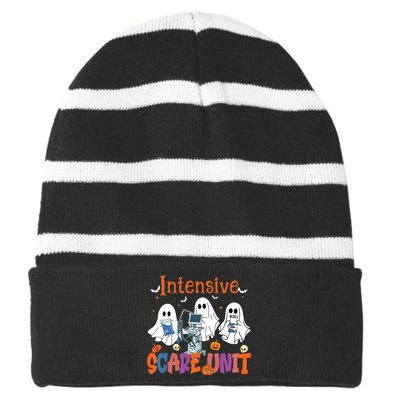 Halloween Intensive Care Scare Unit Ghost Nurse Icu Nursing Striped Beanie with Solid Band