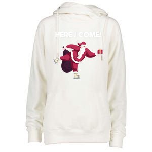 Here I Come Funny Ice Skating Beginner Santa Claus Lover Gift Womens Funnel Neck Pullover Hood