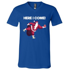 Here I Come Funny Ice Skating Beginner Santa Claus Lover Gift V-Neck T-Shirt