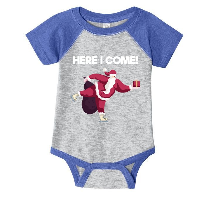 Here I Come Funny Ice Skating Beginner Santa Claus Lover Gift Infant Baby Jersey Bodysuit