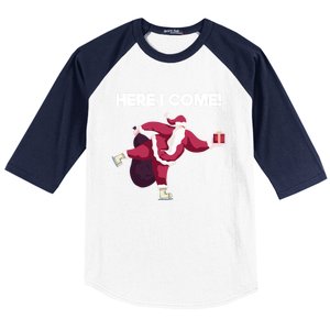 Here I Come Funny Ice Skating Beginner Santa Claus Lover Gift Baseball Sleeve Shirt