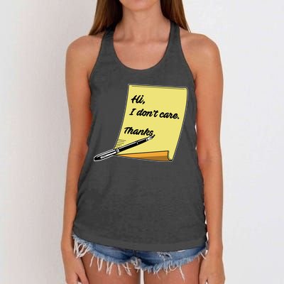 Hi I Don't Care Thanks Funny Sarcastic Cool Gift Women's Knotted Racerback Tank