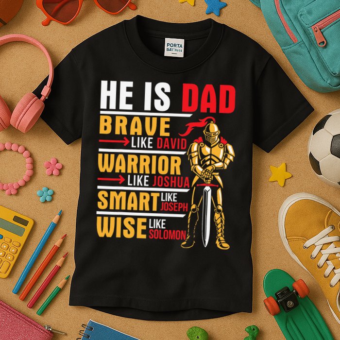 He Is Dad Brave Warrior Smart And Wise Father Daddy Papa Kids T-Shirt