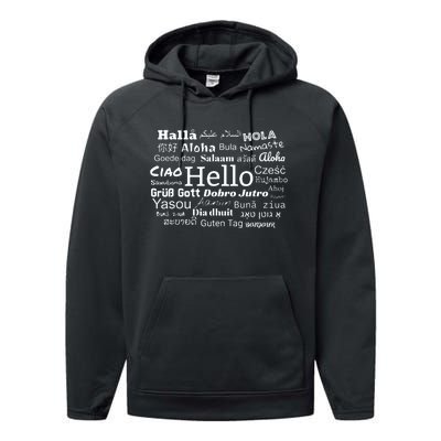 Hello In Different Languages Multilingualism Gift Performance Fleece Hoodie