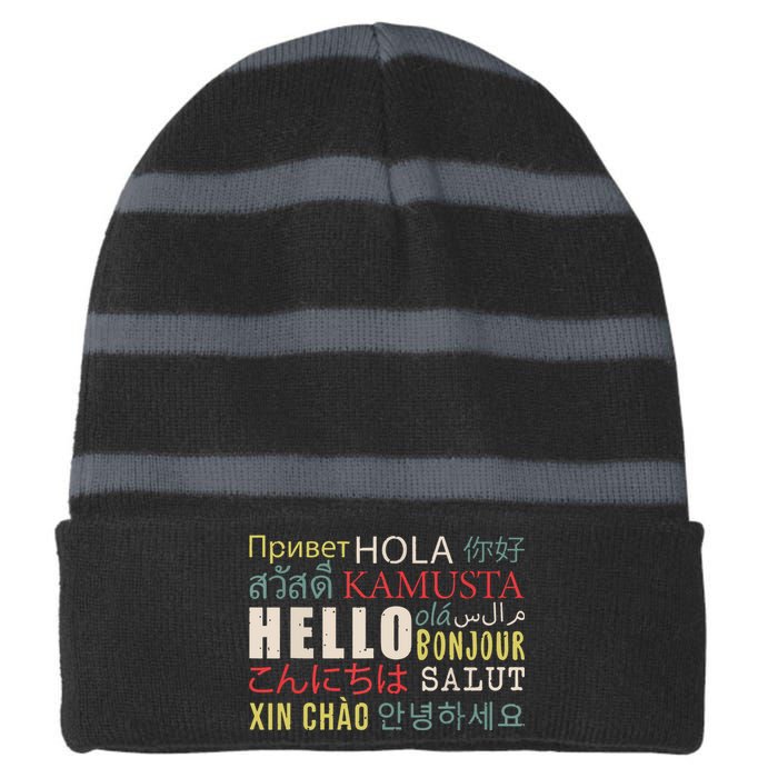 Hello In Different Languages ELL English Language Learning Striped Beanie with Solid Band