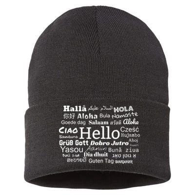 Hello In Different Languages Multilingualism Gift Sustainable Knit Beanie