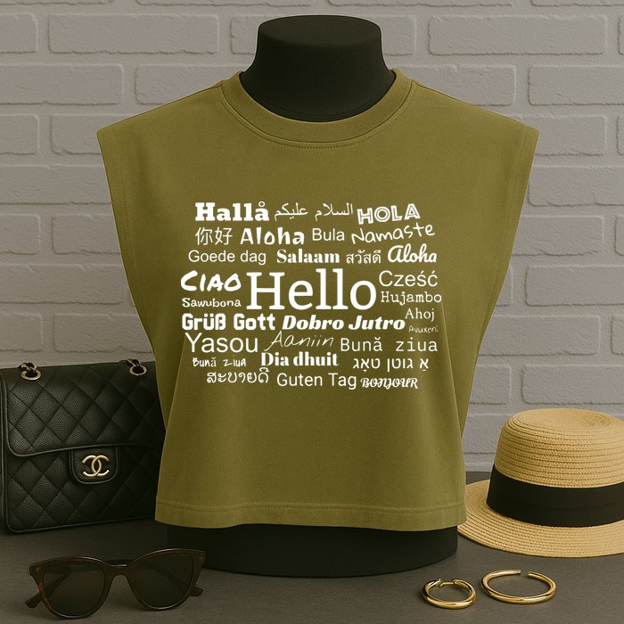 Hello In Different Languages Multilingualism Gift Garment-Dyed Women's Muscle Tee