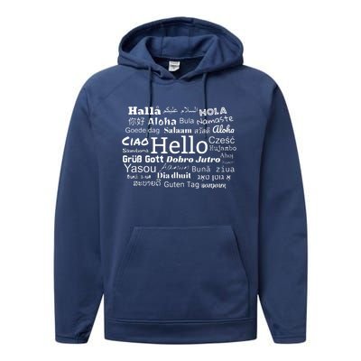 Hello In Different Languages Multilingualism Gift Performance Fleece Hoodie