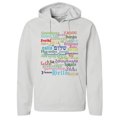 Hello In Different Languages Performance Fleece Hoodie