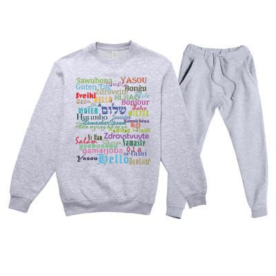 Hello In Different Languages Premium Crewneck Sweatsuit Set