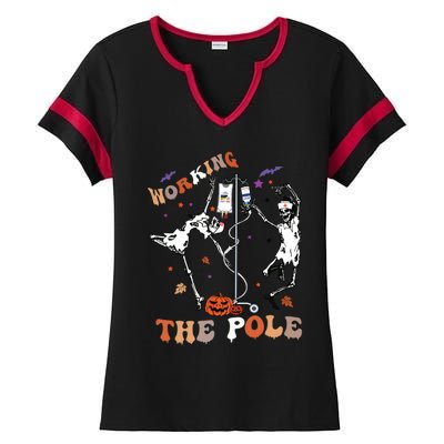 Halloween Icu Er Nurse Working The Pole Skeleton Dance Ladies Halftime Notch Neck Tee