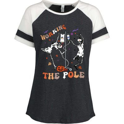 Halloween Icu Er Nurse Working The Pole Skeleton Dance Enza Ladies Jersey Colorblock Tee