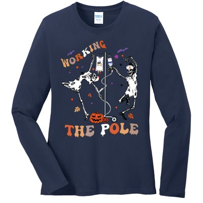 Halloween Icu Er Nurse Working The Pole Skeleton Dance Ladies Long Sleeve Shirt