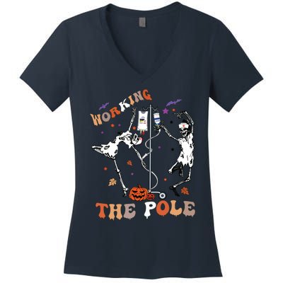 Halloween Icu Er Nurse Working The Pole Skeleton Dance Women's V-Neck T-Shirt