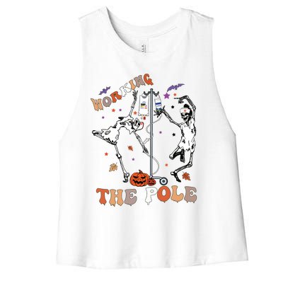 Halloween Icu Er Nurse Working The Pole Skeleton Dance Women's Racerback Cropped Tank