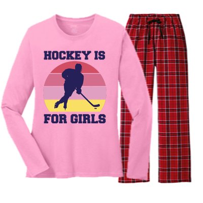 Hockey Is For Girls Retro Sunset Women's Long Sleeve Flannel Pajama Set 