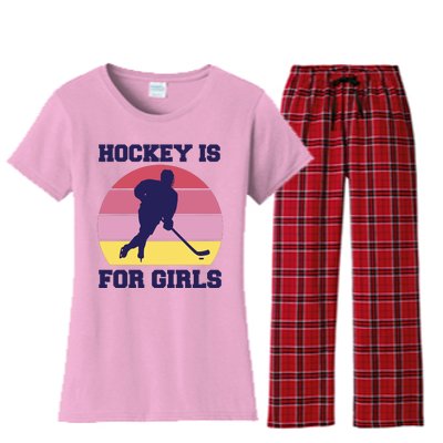 Hockey Is For Girls Retro Sunset Women's Flannel Pajama Set