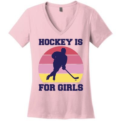 Hockey Is For Girls Retro Sunset Women's V-Neck T-Shirt