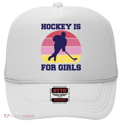 Hockey Is For Girls Retro Sunset High Crown Mesh Back Trucker Hat